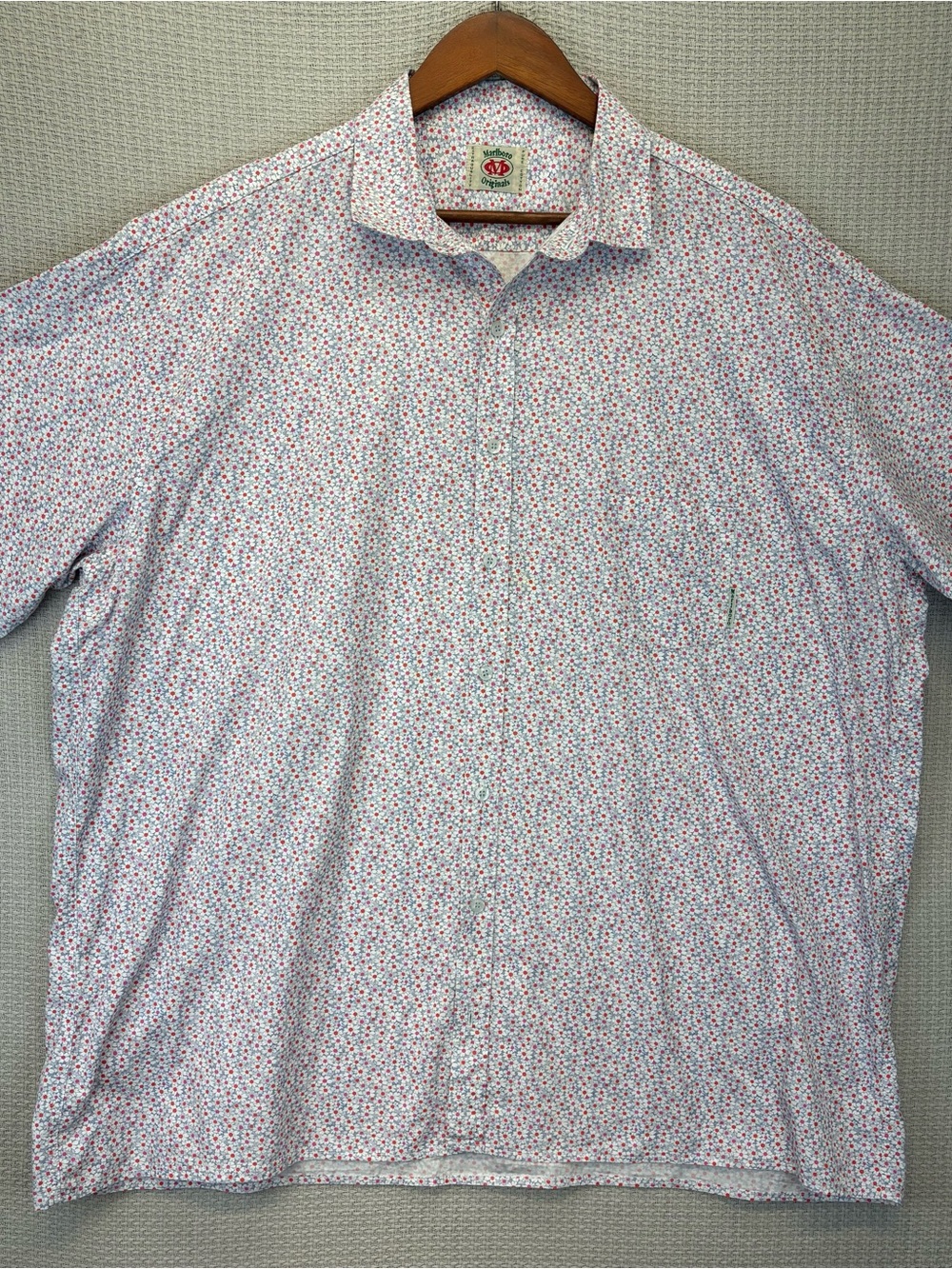 Vintage 70s Marlboro Button Up Shirt Men's 3XL Retro Floral Daises Blue Groovy